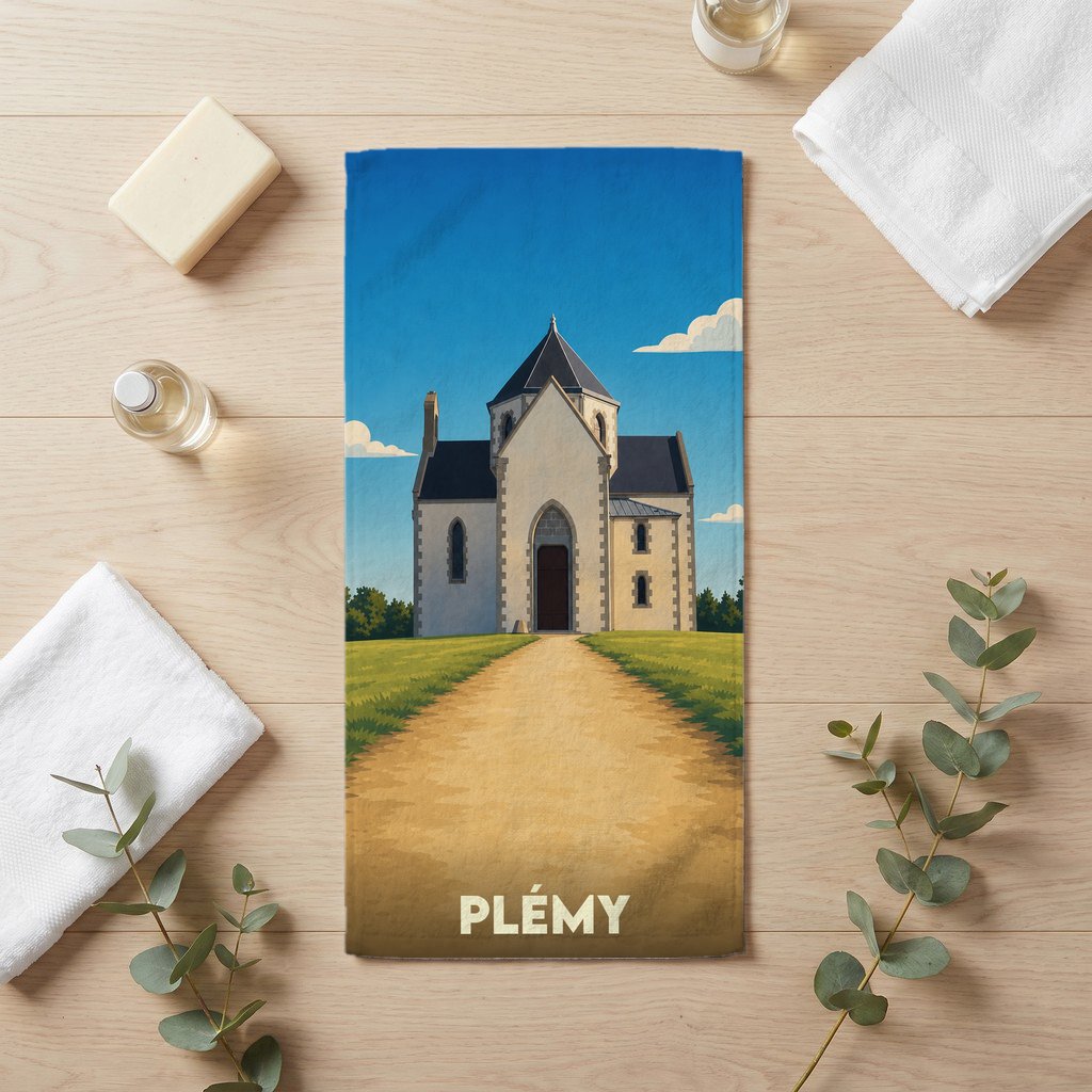 Serviette de bain souvenir de la ville de Plémy avec une illustration stylisée de son église.