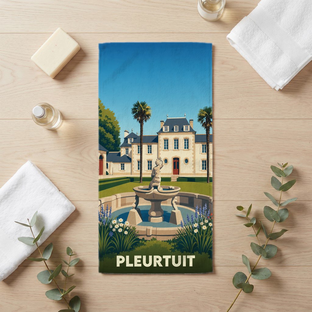 Serviette de bain souvenir de la ville de Pleurtuit avec une illustration stylisée d'un manoir et sa fontaine.