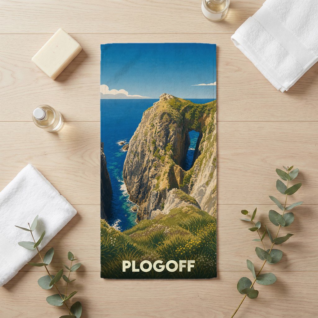 Serviette de bain souvenir de la ville de Plogoff illustrant une arche rocheuse sur la mer.