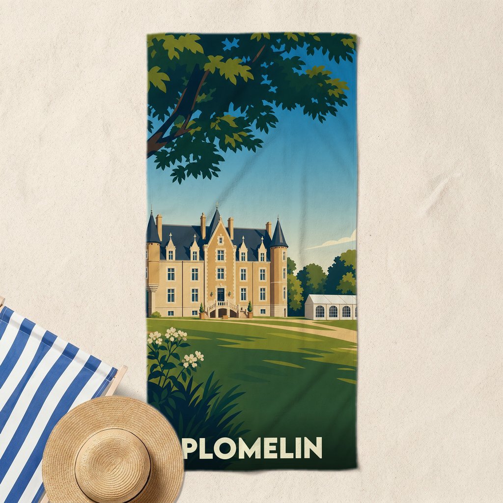 Serviette de bain souvenir de la ville de Plomelin illustrée d'un château majestueux dans un style affiche de voyage.
