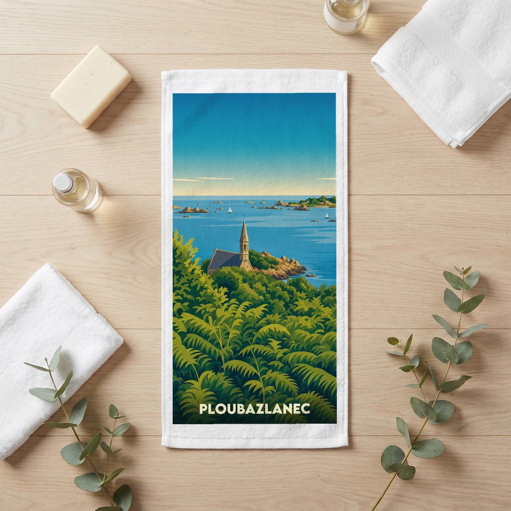 Serviette de bain souvenir de la ville de Ploubazlanec avec une illustration stylisée.