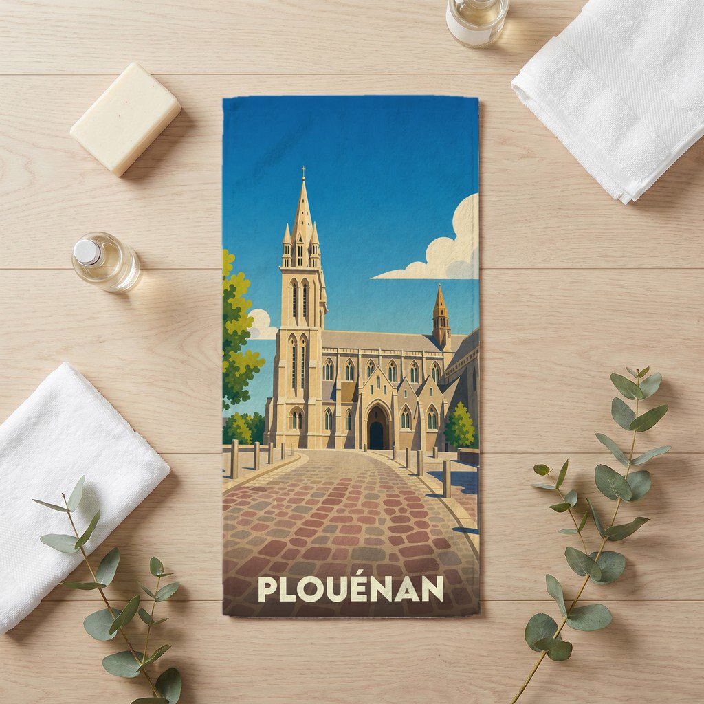 Serviette de bain souvenir de la ville de Plouénan avec une illustration stylisée de son église.