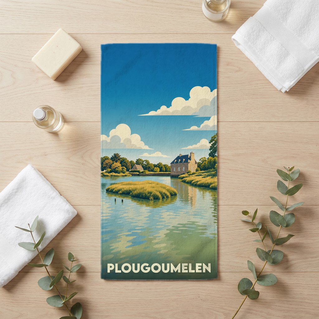 Serviette de bain souvenir de la ville de Plougoumelen avec une illustration stylisée d'un paysage côtier breton.