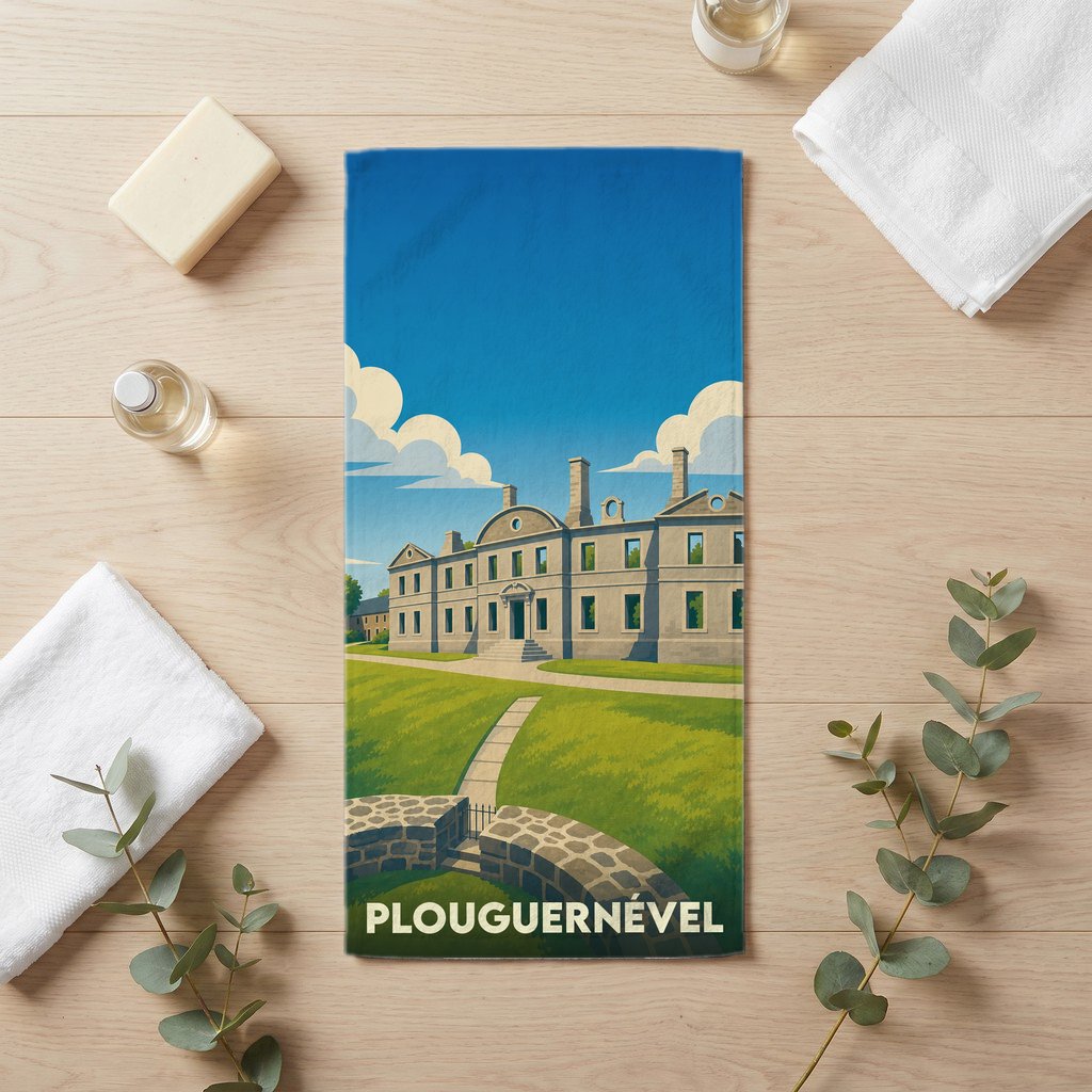 Serviette de bain souvenir de la ville de Plouguernével avec une illustration stylisée d'un manoir.