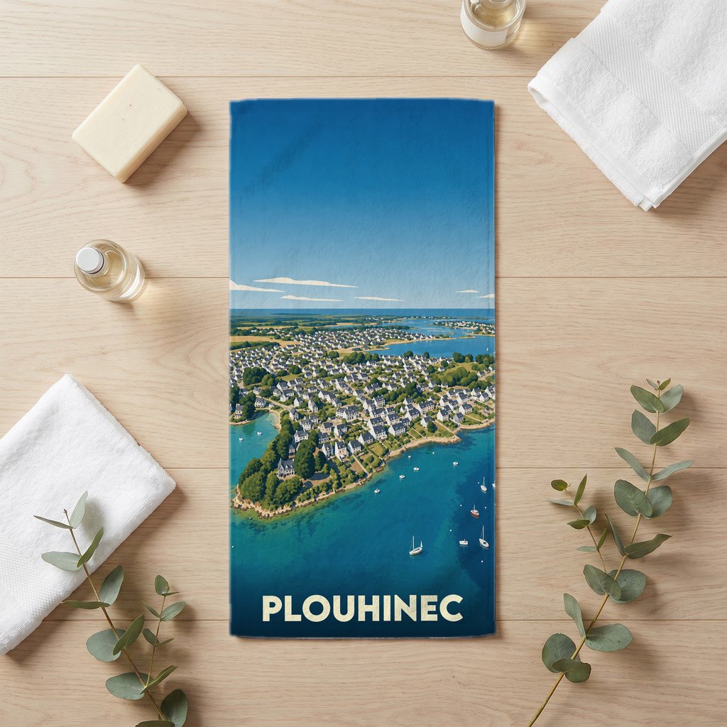 Serviette de bain souvenir de la ville de Plouhinec avec une illustration stylisée d'un paysage côtier breton.