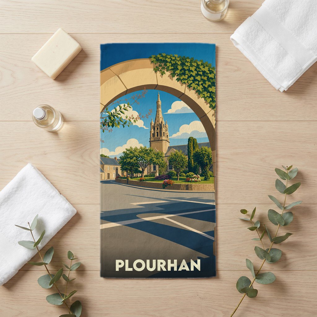 Serviette de bain souvenir de la ville de Plourhan avec une illustration stylisée d'un clocher vu à travers une arche fleurie.