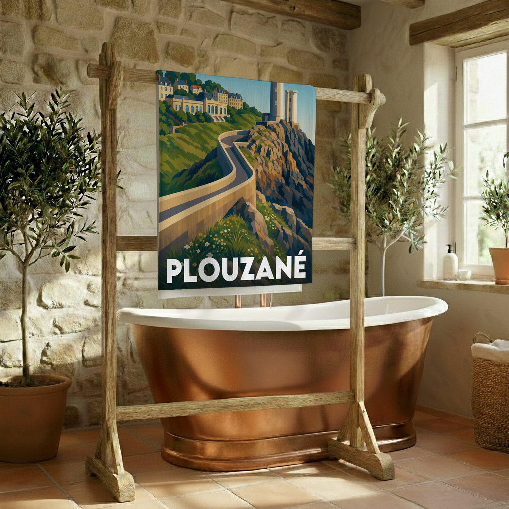Serviette de bain souvenir de la ville de Plouzané avec une illustration stylisée.