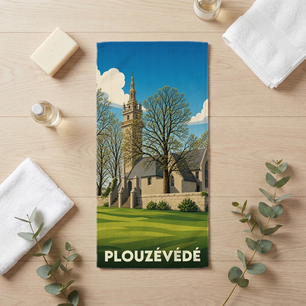 Serviette de bain souvenir de la ville de Plouzévédé illustrée d'une église de style vintage.