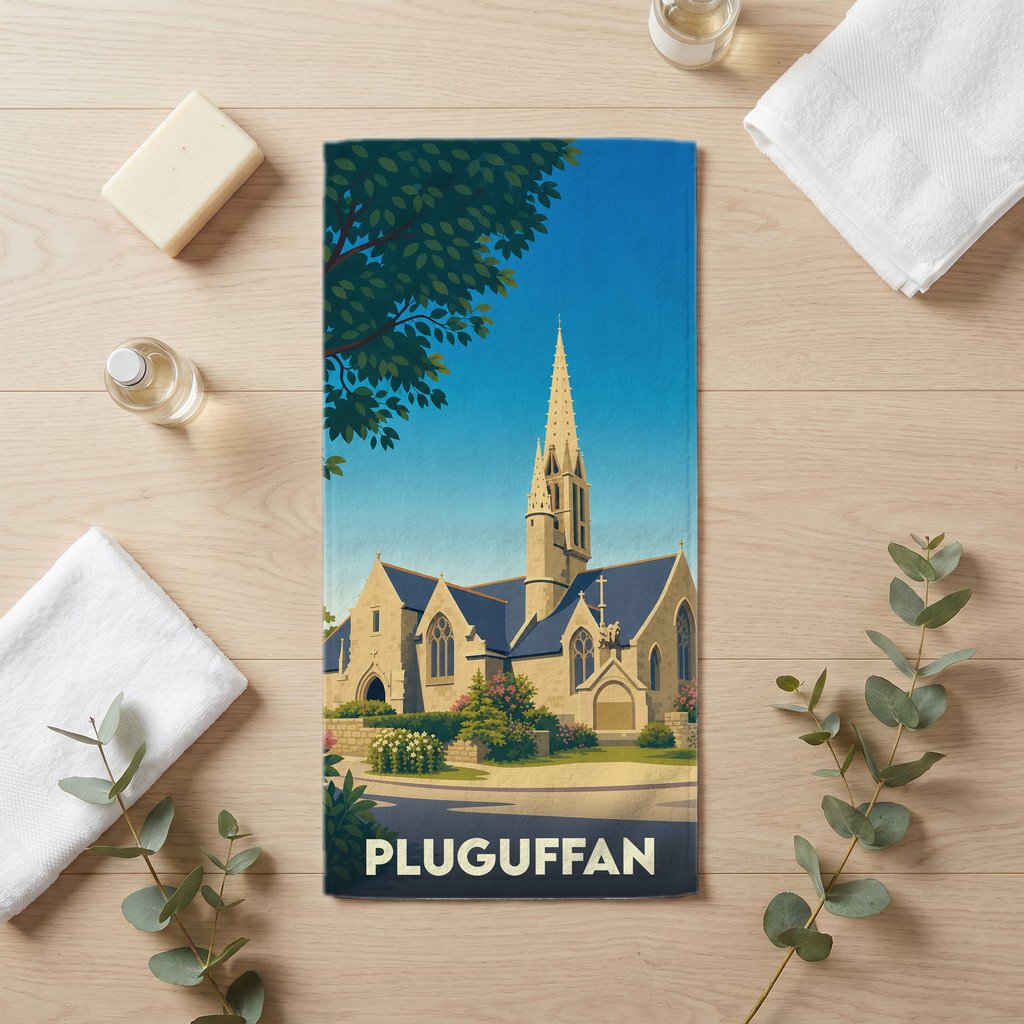 Serviette de bain souvenir de la ville de Pluguffan avec une illustration stylisée de son église.