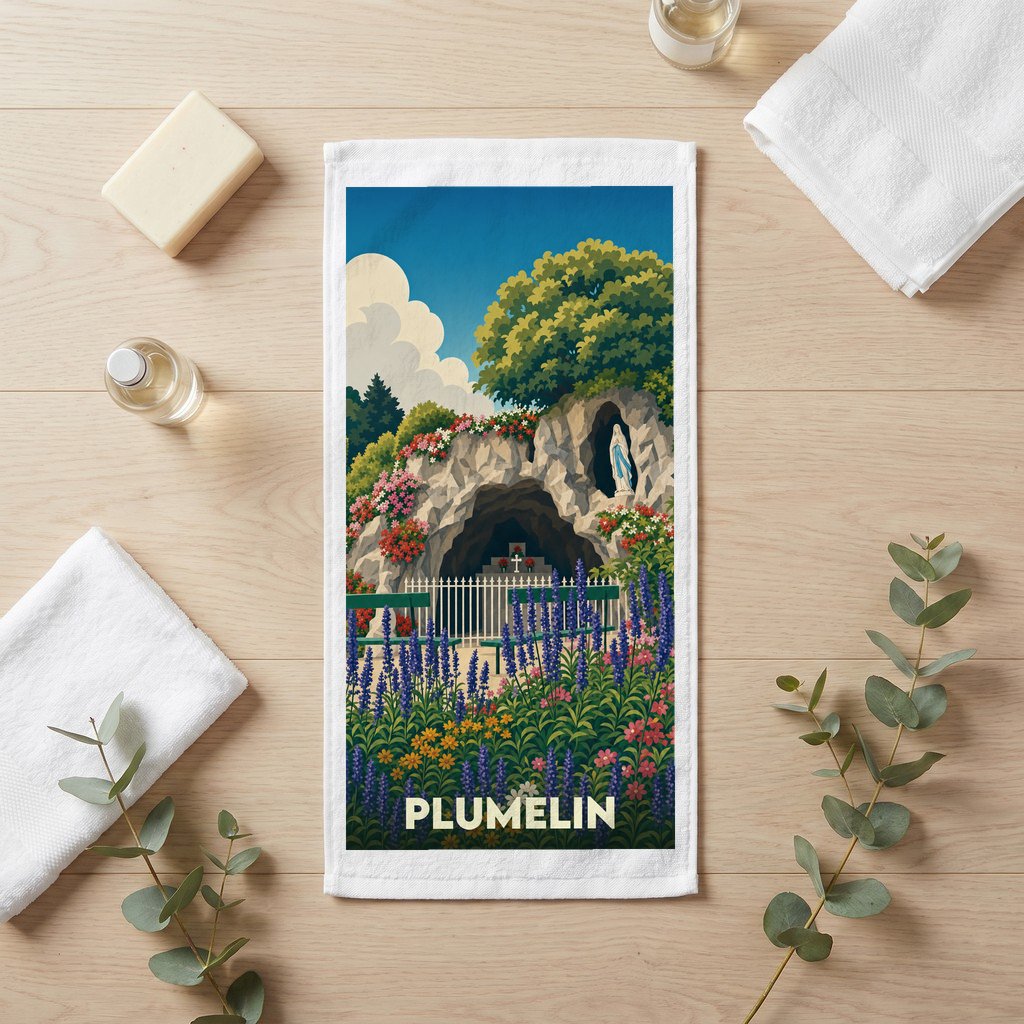 Serviette souvenir de la ville de Plumelin illustrant une grotte fleurie dans un style rétro.