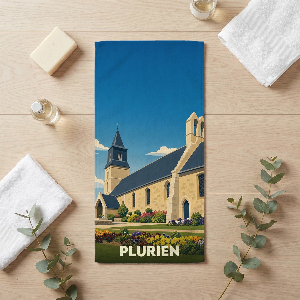 Serviette de bain souvenir de la ville de Plurien avec une illustration stylisée de son église.