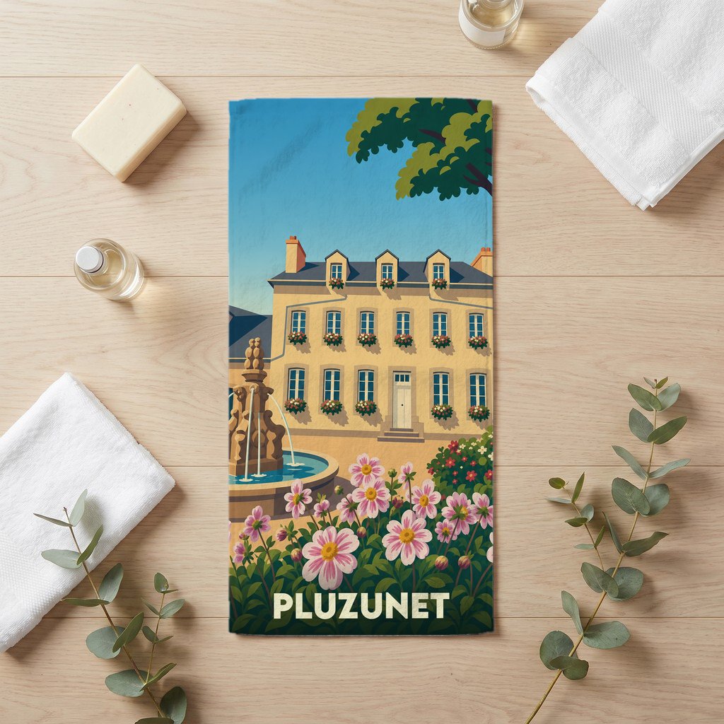 Serviette de bain souvenir de la ville de Pluzunet avec une illustration stylisée d'un manoir fleuri.