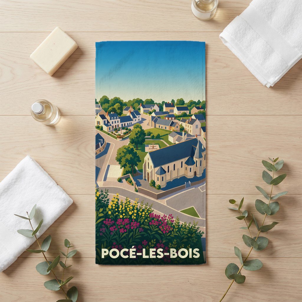 Serviette de bain souvenir de la ville de Pocé-les-Bois avec une illustration stylisée.