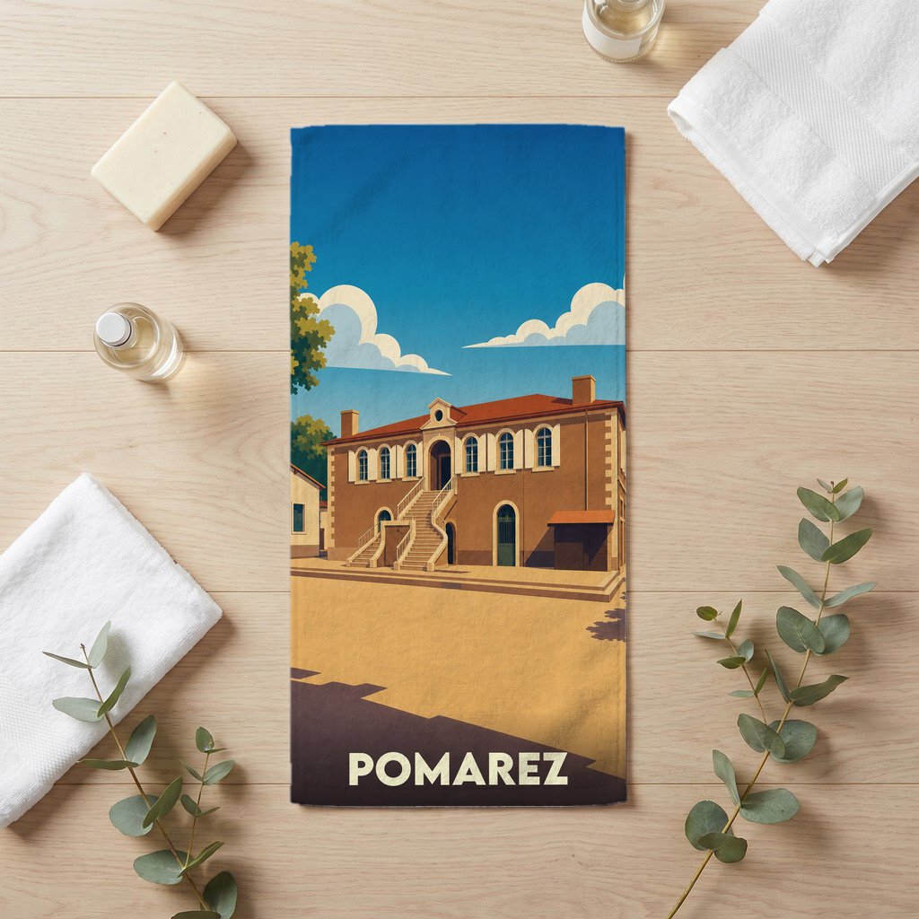 Serviette de bain souvenir de la ville de Pomarez avec une illustration stylisée.