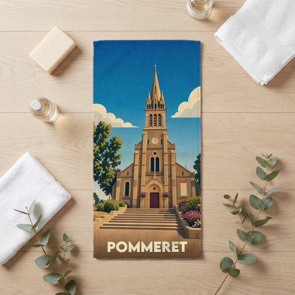 Serviette de bain souvenir de la ville de Pommeret illustrée d'une église de style néo-gothique.