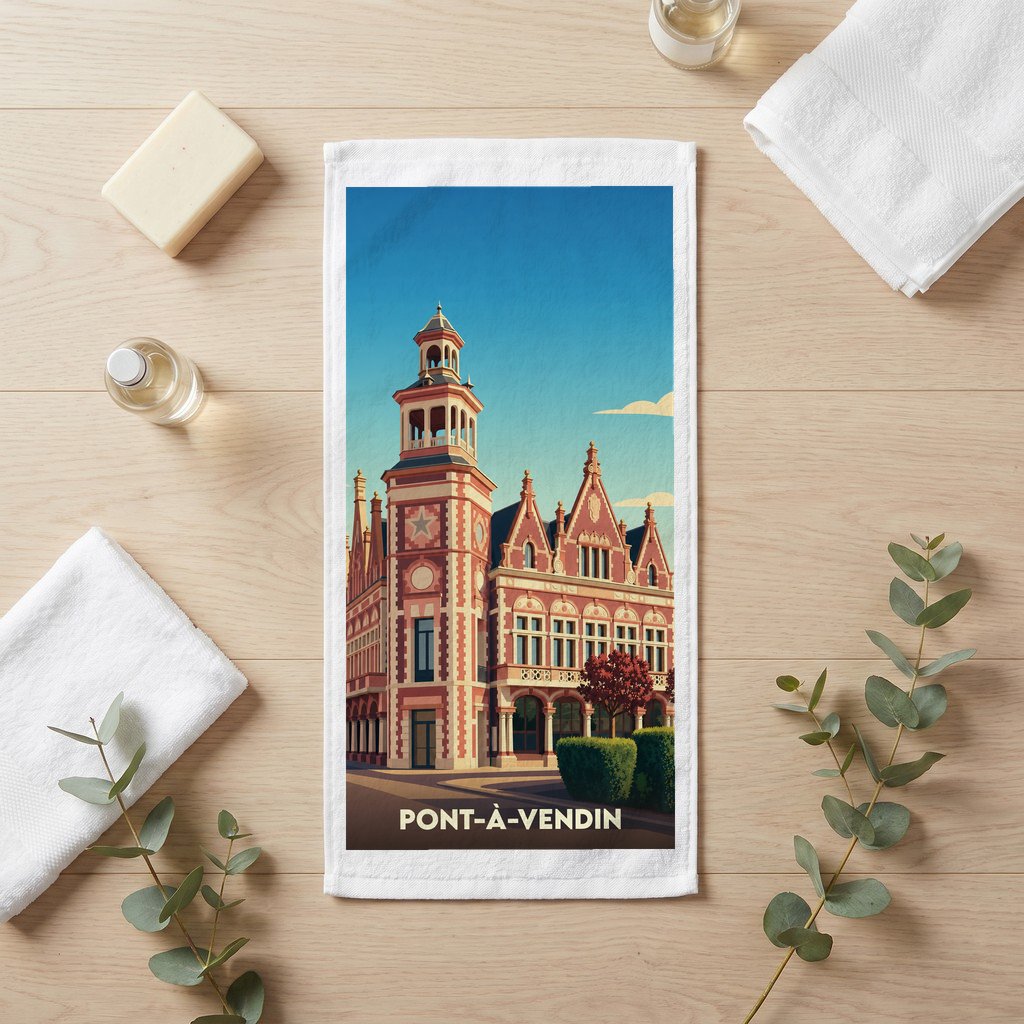 Serviette de bain souvenir de la ville de Pont-à-Vendin avec une illustration stylisée de son architecture.
