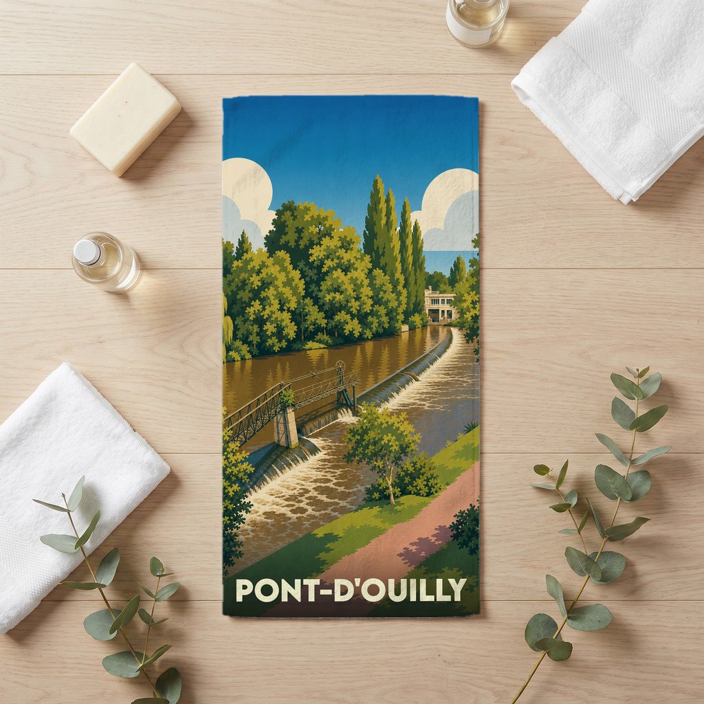 Serviette de bain souvenir de la ville de Pont-d'Ouilly avec une illustration stylisée d'un barrage sur l'Orne.