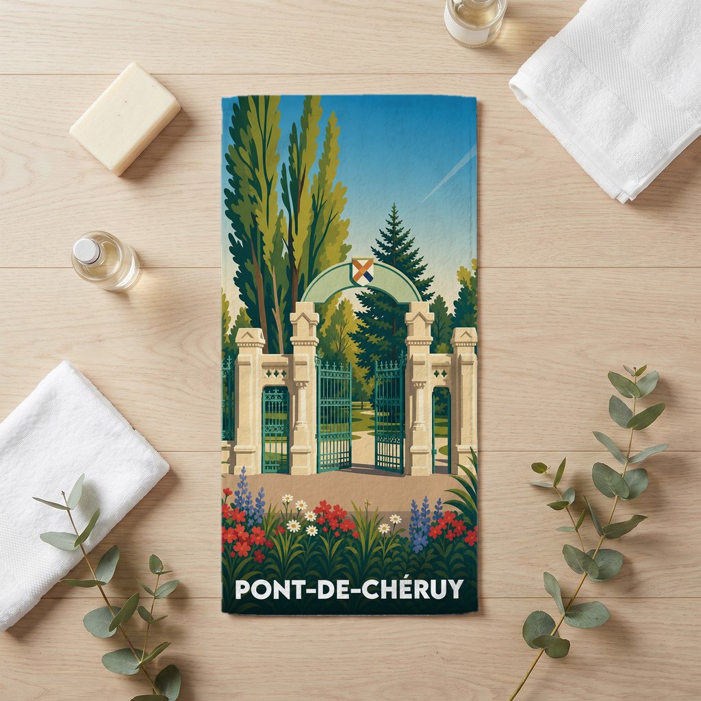 Serviette de bain souvenir de la ville de Pont-de-Chéruy avec une illustration stylisée d'un parc boisé.