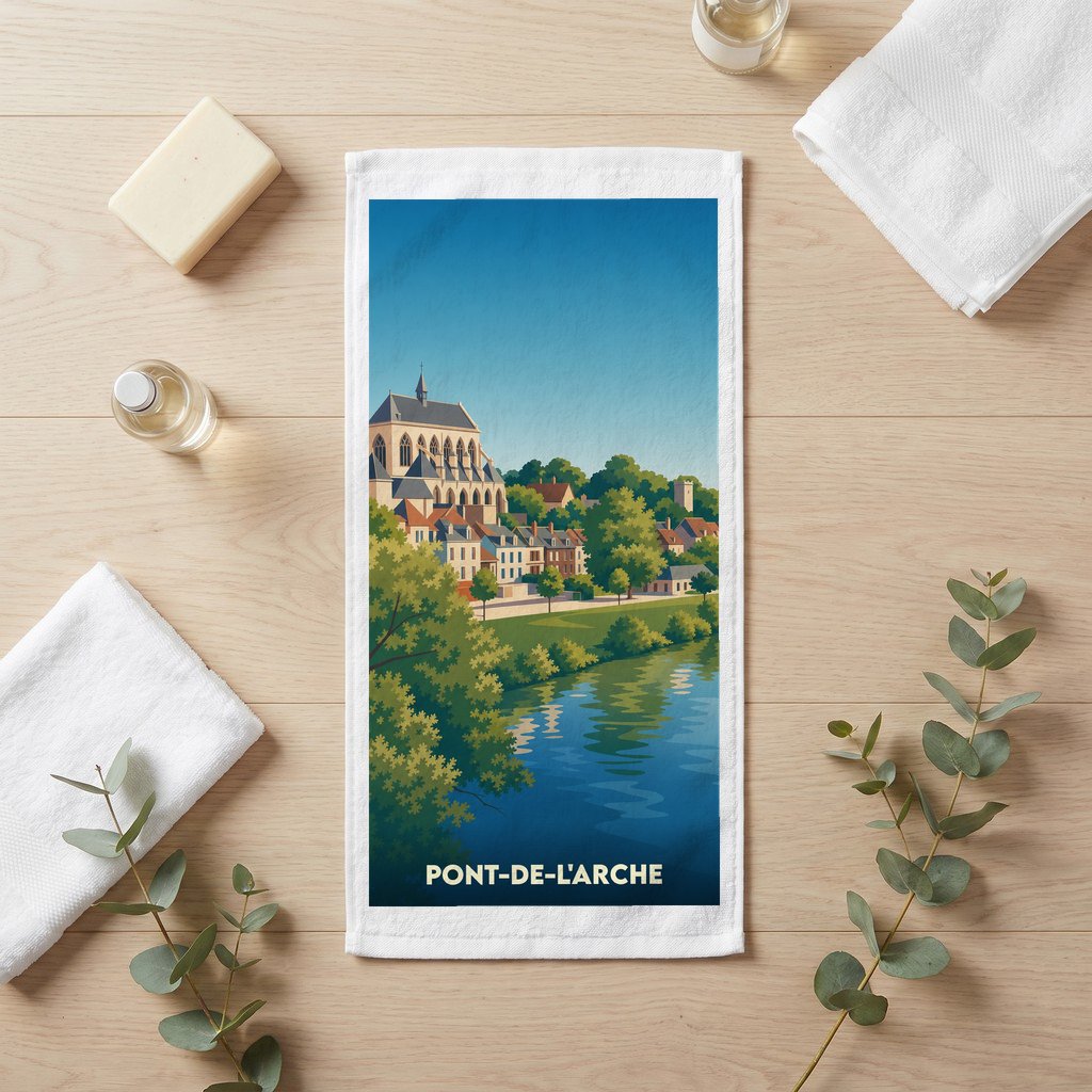 Serviette souvenir de la ville de Pont-de-l'Arche avec une illustration stylisée.