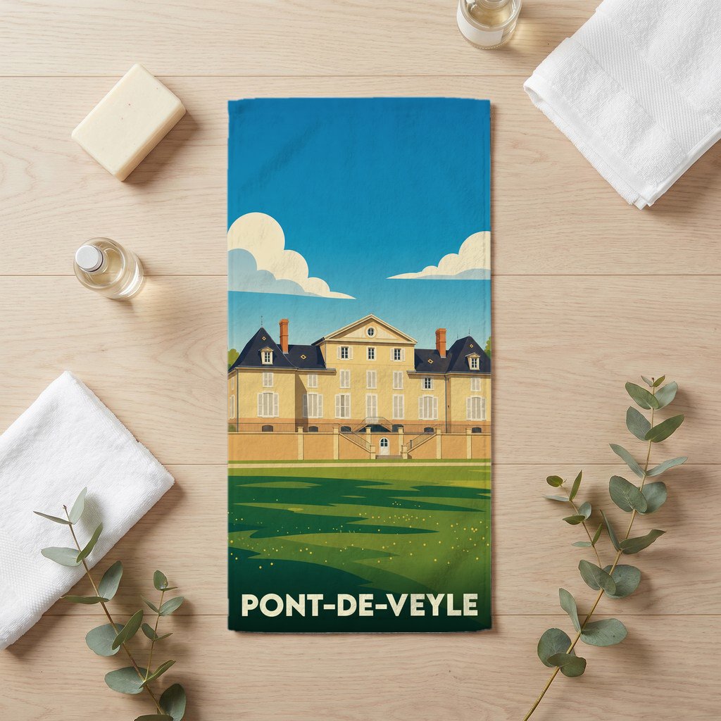 Serviette de bain souvenir de la ville de Pont-de-Veyle avec une illustration stylisée de son château.