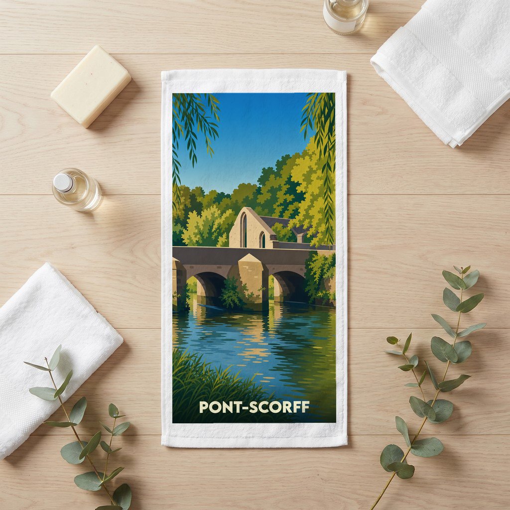 Serviette de bain souvenir de la ville de Pont-Scorff avec une illustration stylisée d'un pont en pierre sur une rivière.