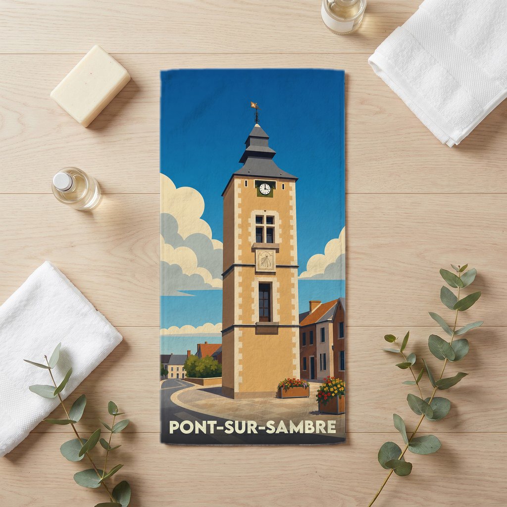 Serviette de bain souvenir de Pont-sur-Sambre illustrée par une vue stylisée de son célèbre beffroi.