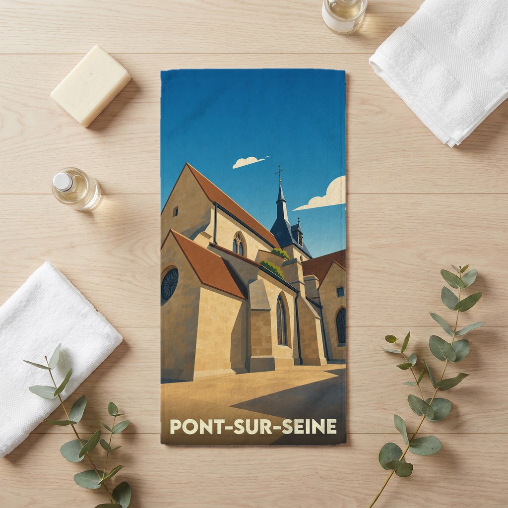 Serviette de bain souvenir de Pont-sur-Seine avec une illustration stylisée de son église.