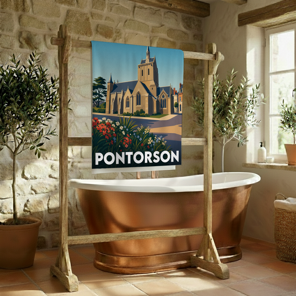 Serviette de bain souvenir de la ville de Pontorson avec une illustration stylisée de son église.