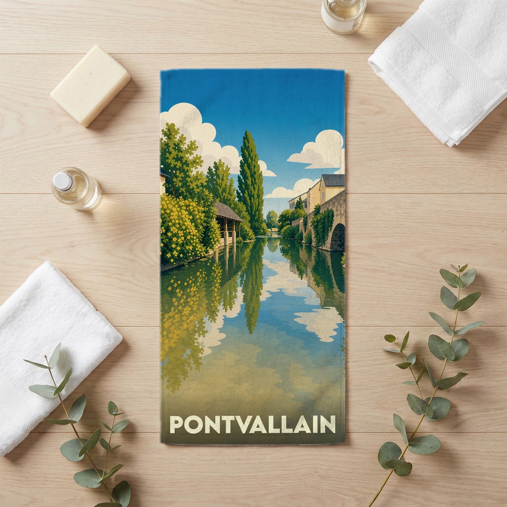 Serviette de bain souvenir de Pontvallain illustrée d'un paysage calme au bord de l'eau.