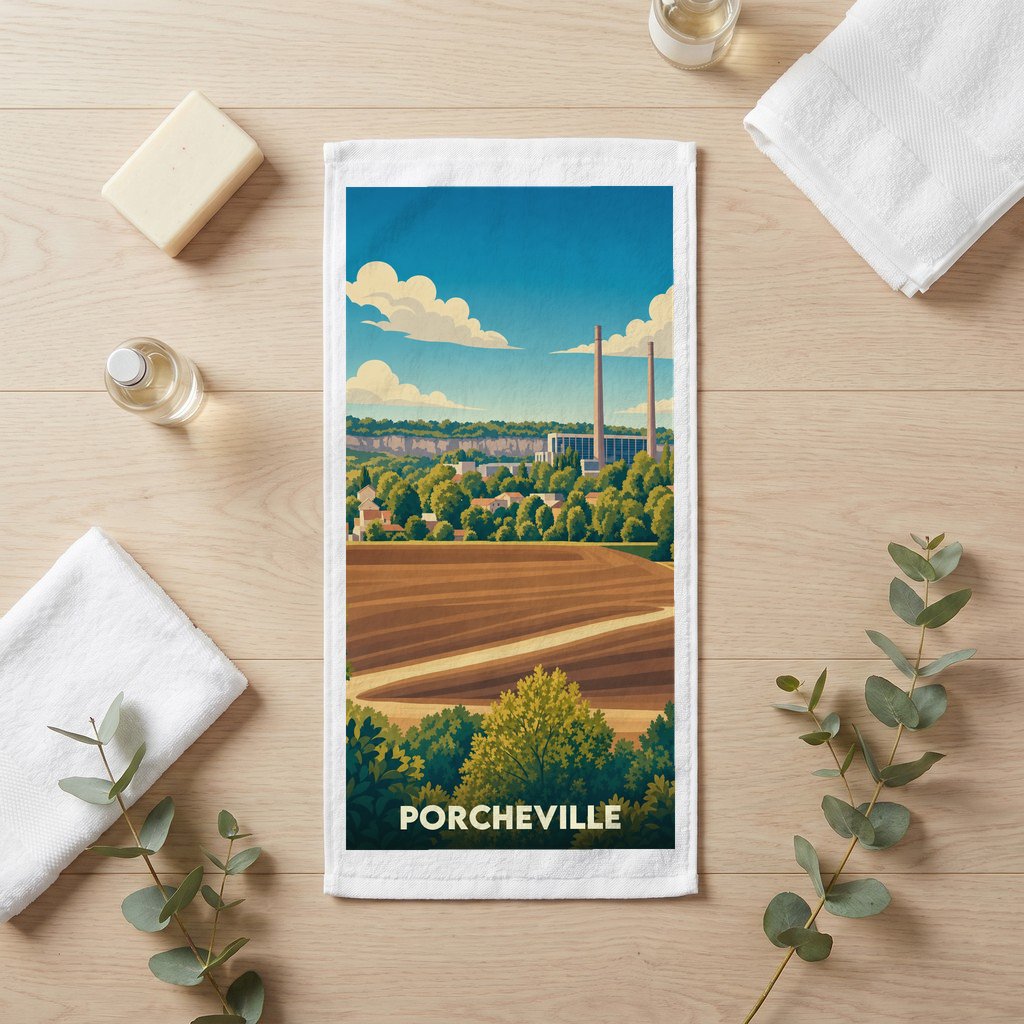 Serviette de bain souvenir de la ville de Porcheville avec une illustration stylisée.