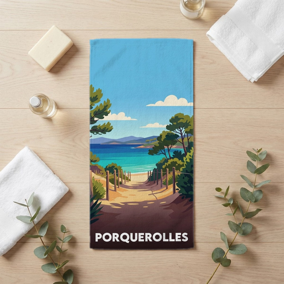 Serviette de bain 30 cm x 60 cm souvenir de Porquerolles