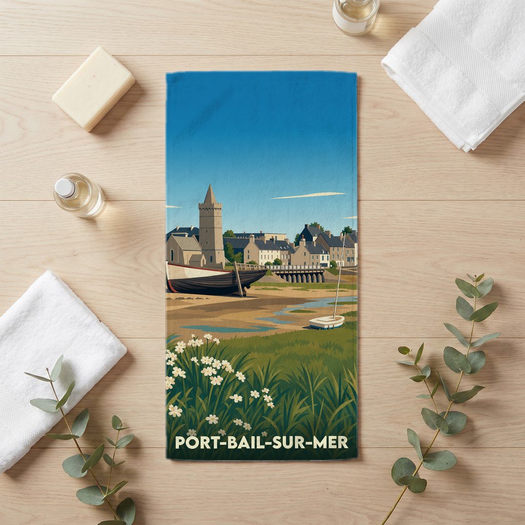 Serviette de bain souvenir de Port-Bail-sur-Mer avec une illustration stylisée du littoral et de son clocher.