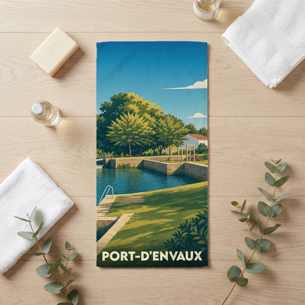 Serviette de bain souvenir de la ville de Port-d'Envaux avec une illustration stylisée.