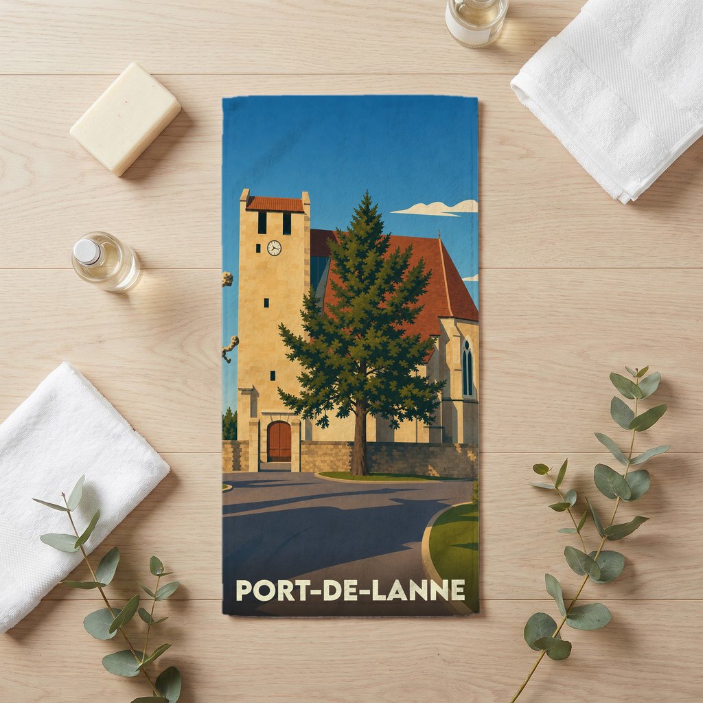 Serviette de bain souvenir de la ville de Port-de-Lanne avec une illustration stylisée de son église.