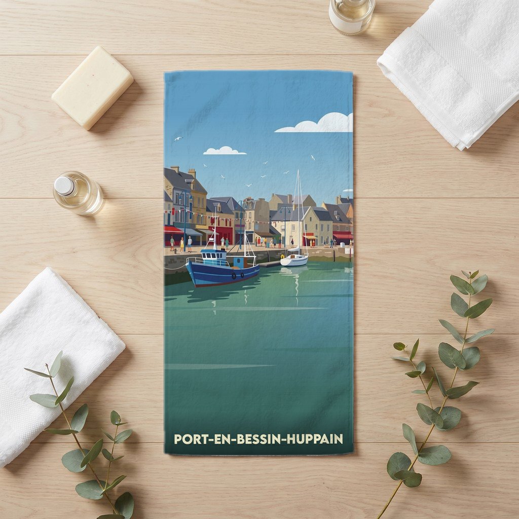 Serviette de bain 30 cm x 60 cm souvenir de Port-en-Bessin-Huppain