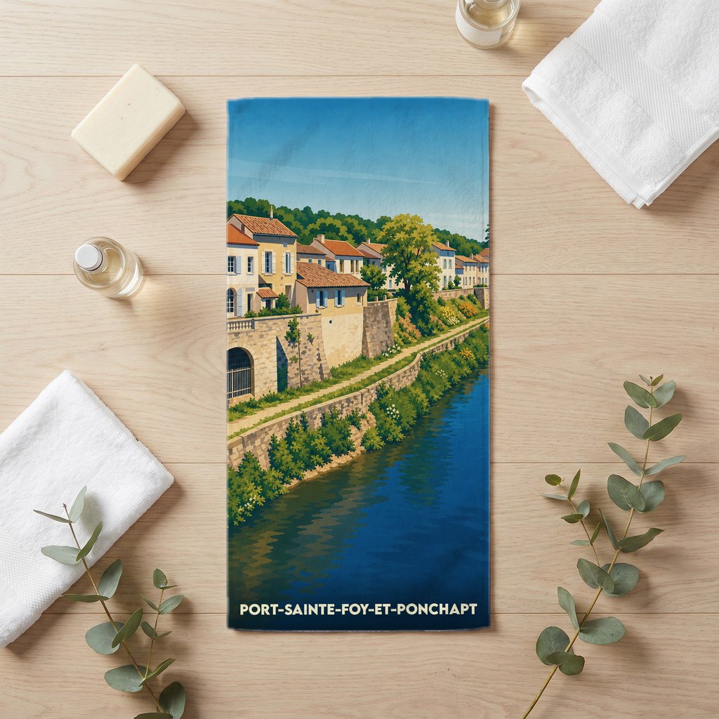 Serviette de bain souvenir de Port-Sainte-Foy-et-Ponchapt illustrant les quais fleuris de la ville le long de la rivière.