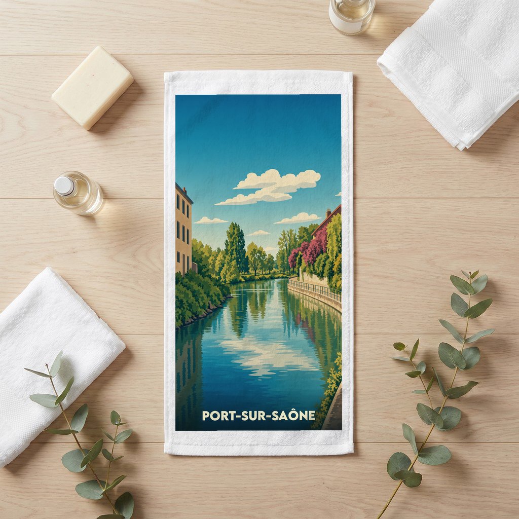 Serviette de bain souvenir de Port-sur-Saône avec une illustration stylisée d'un canal.