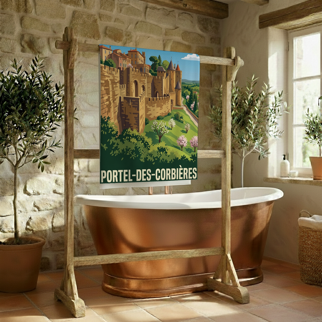 Serviette de bain souvenir de la ville de Portel-des-Corbières avec une illustration stylisée.