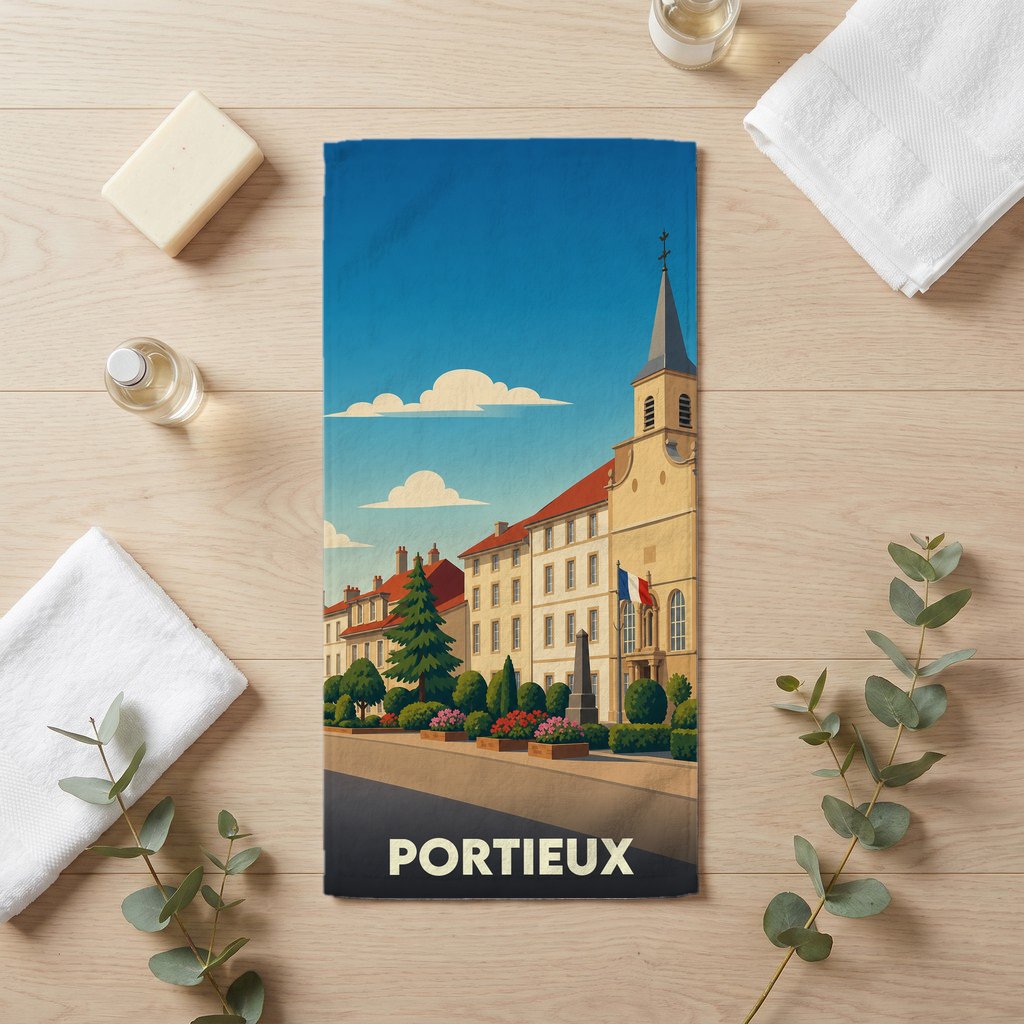 Serviette de bain souvenir de la ville de Portieux avec une illustration stylisée.