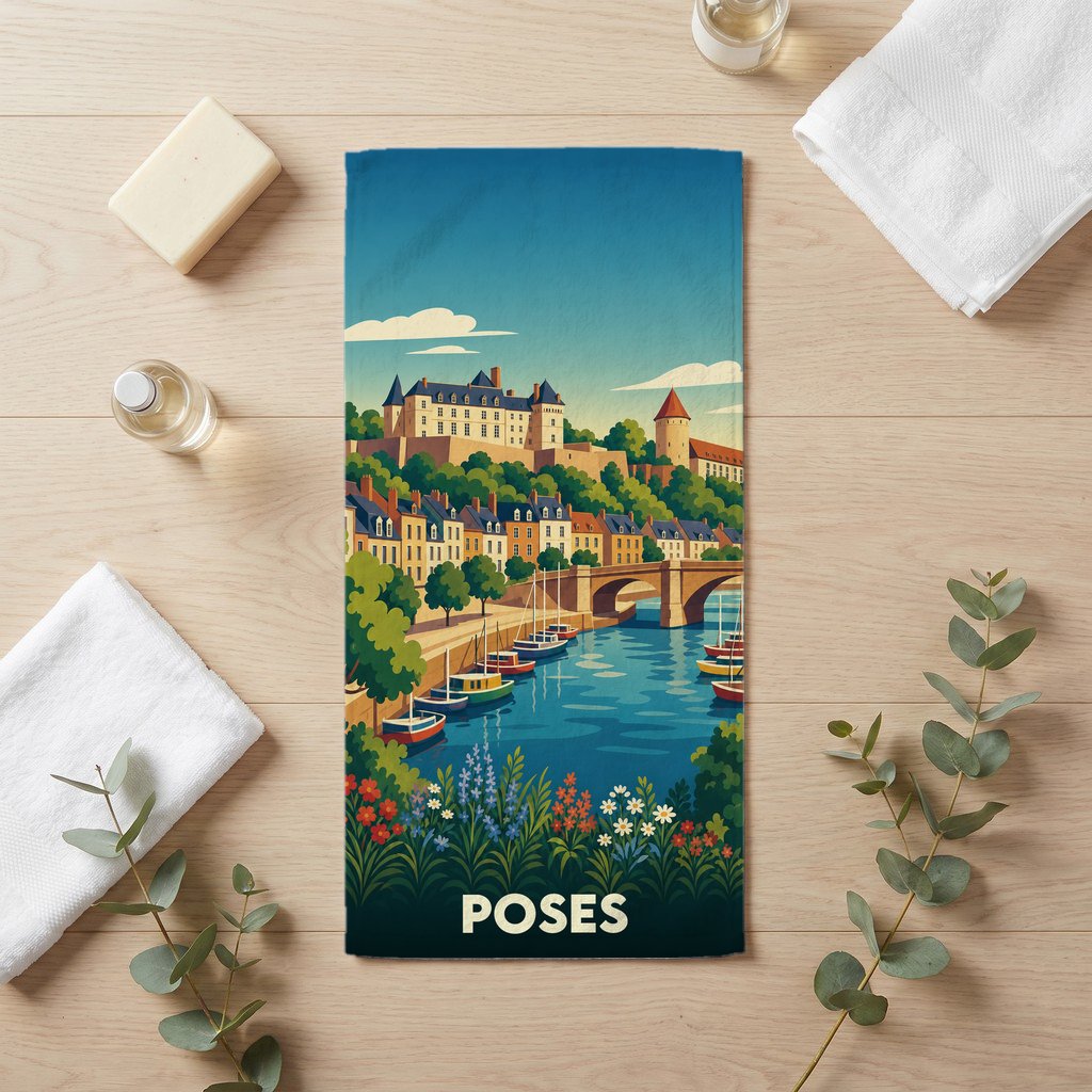 Serviette de bain souvenir de la ville de Poses avec une illustration stylisée.