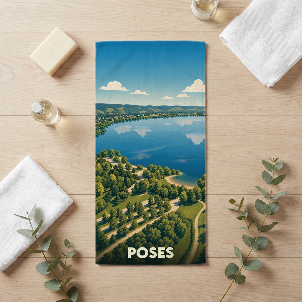 Serviette de bain souvenir de la ville de Poses illustrée par un paysage panoramique stylisé de son lac et de sa verdure.