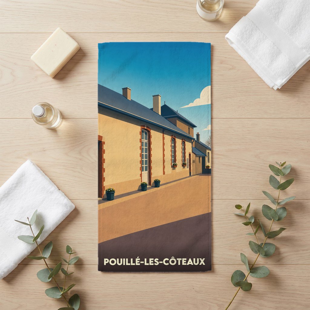 Serviette de bain souvenir de la ville de Pouillé-les-Côteaux avec une illustration stylisée.
