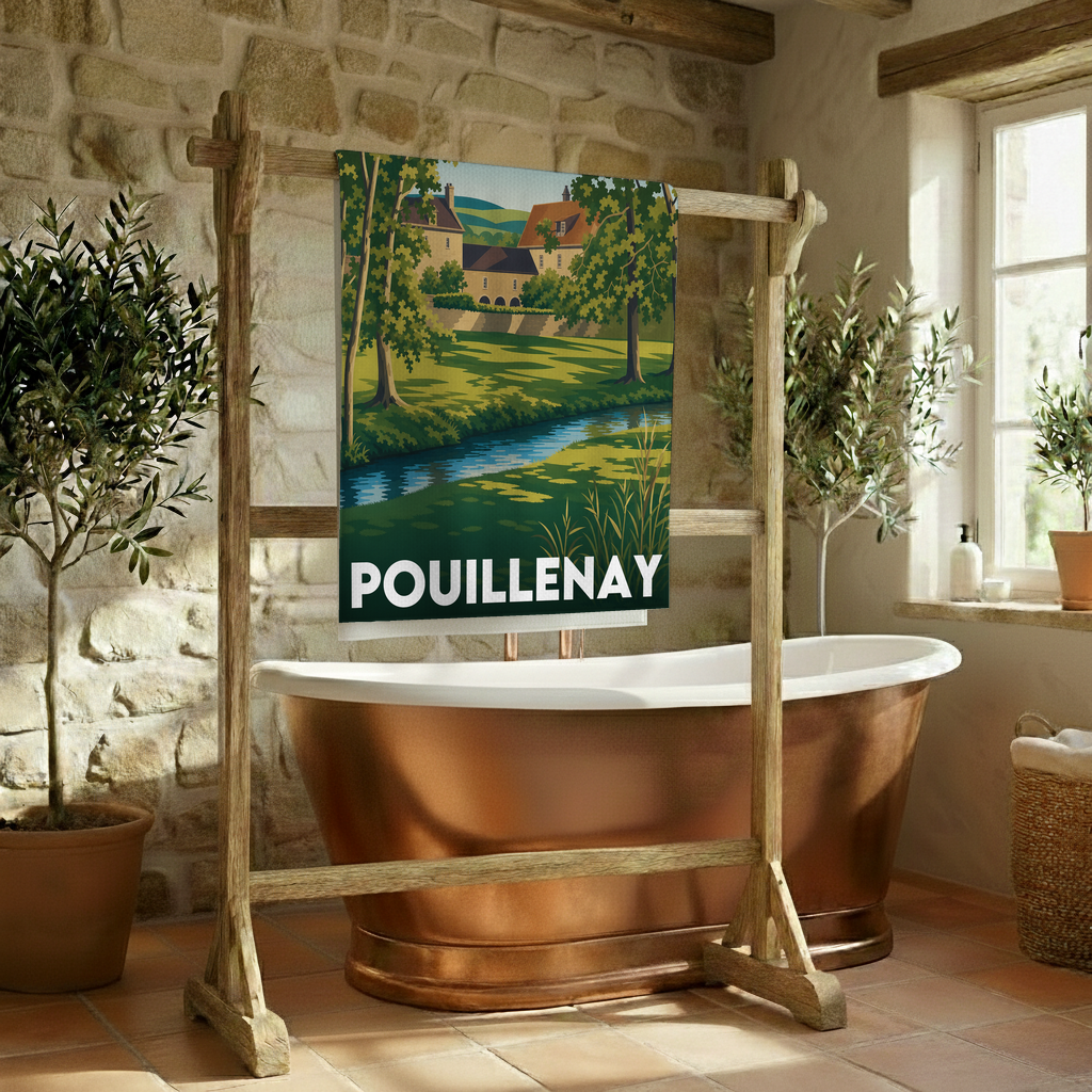 Serviette de bain souvenir de la ville de Pouillenay avec une illustration stylisée de paysage.
