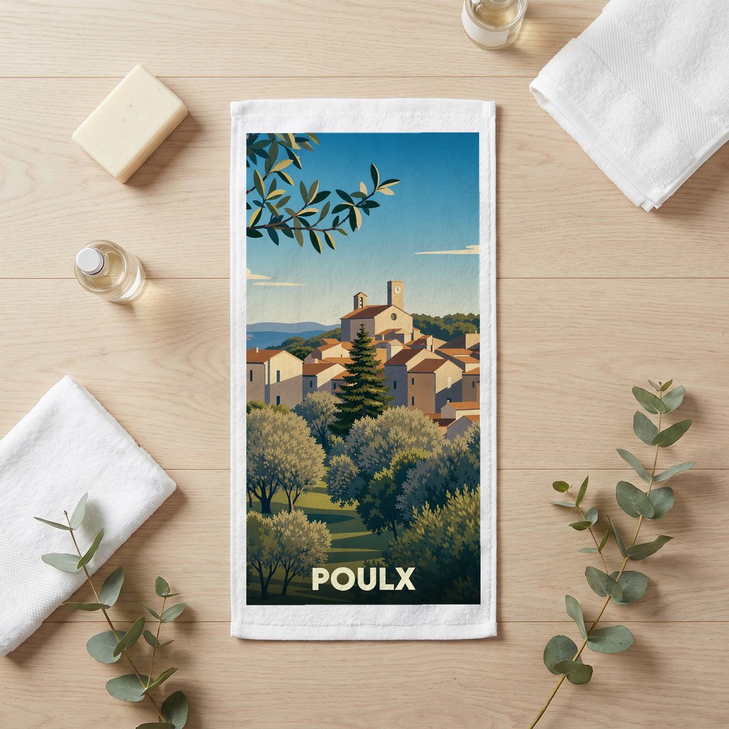 Serviette de bain souvenir de la ville de Poulx avec une illustration stylisée de son paysage provençal.