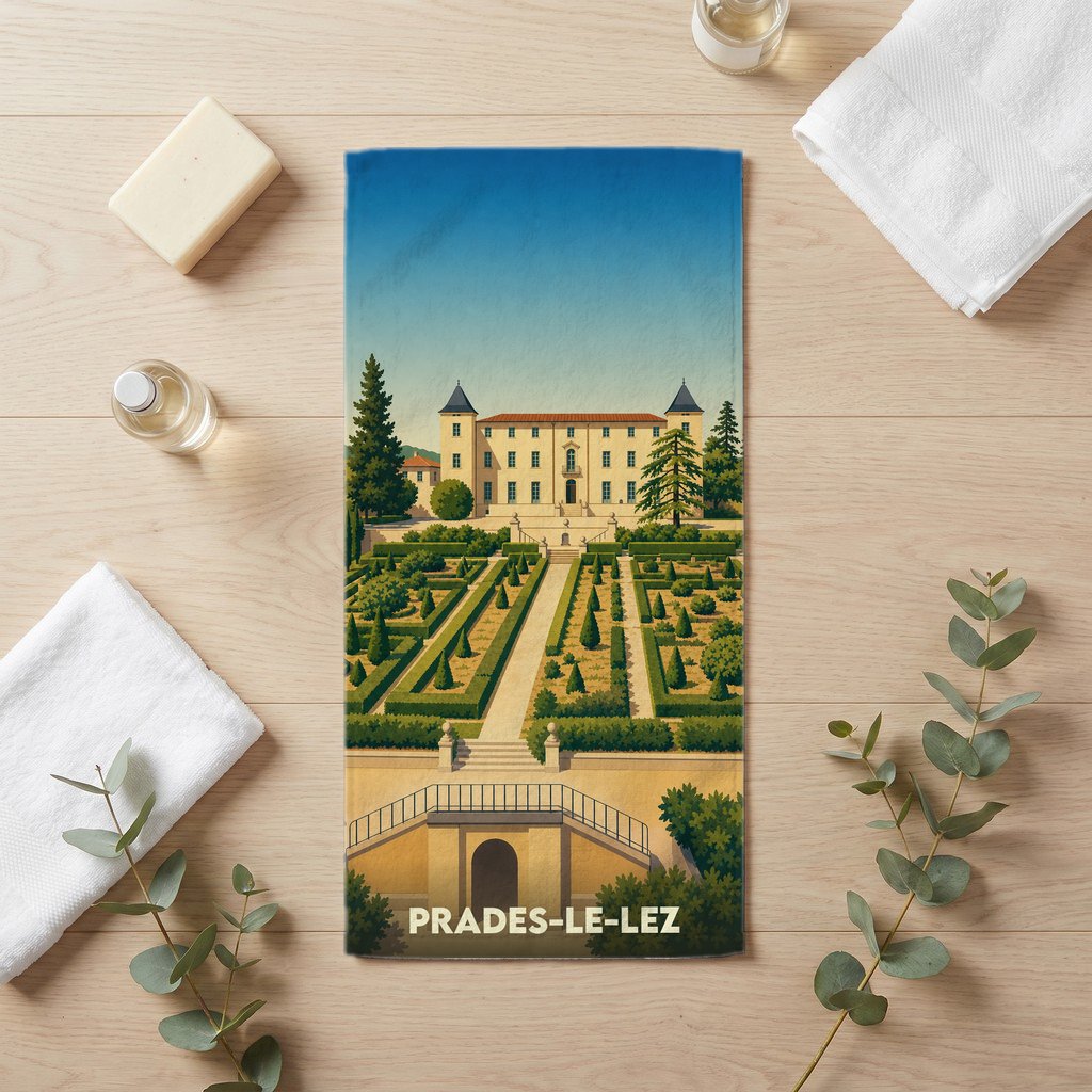 Serviette de bain souvenir de la ville de Prades-le-Lez avec une illustration stylisée d'un château et ses jardins.