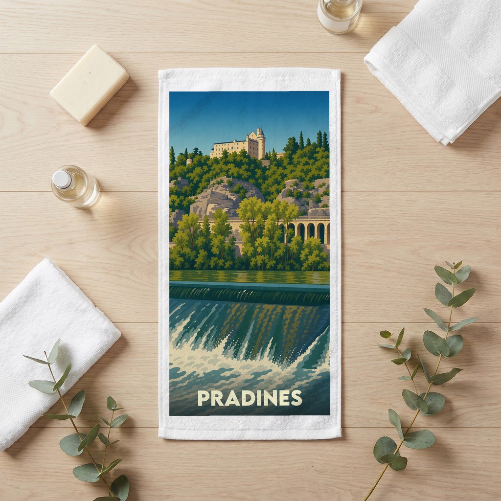 Serviette de bain souvenir de la ville de Pradines avec une illustration stylisée.