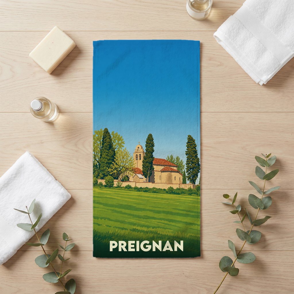 Serviette de bain souvenir de la ville de Preignan avec une illustration stylisée.