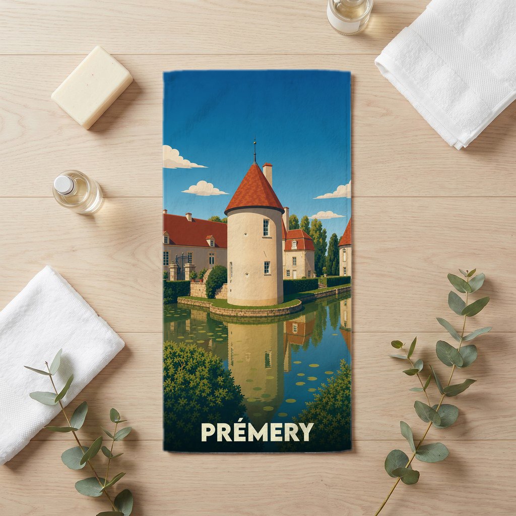 Serviette de bain souvenir de la ville de Prémery avec une illustration stylisée d'un château au bord de l'eau.
