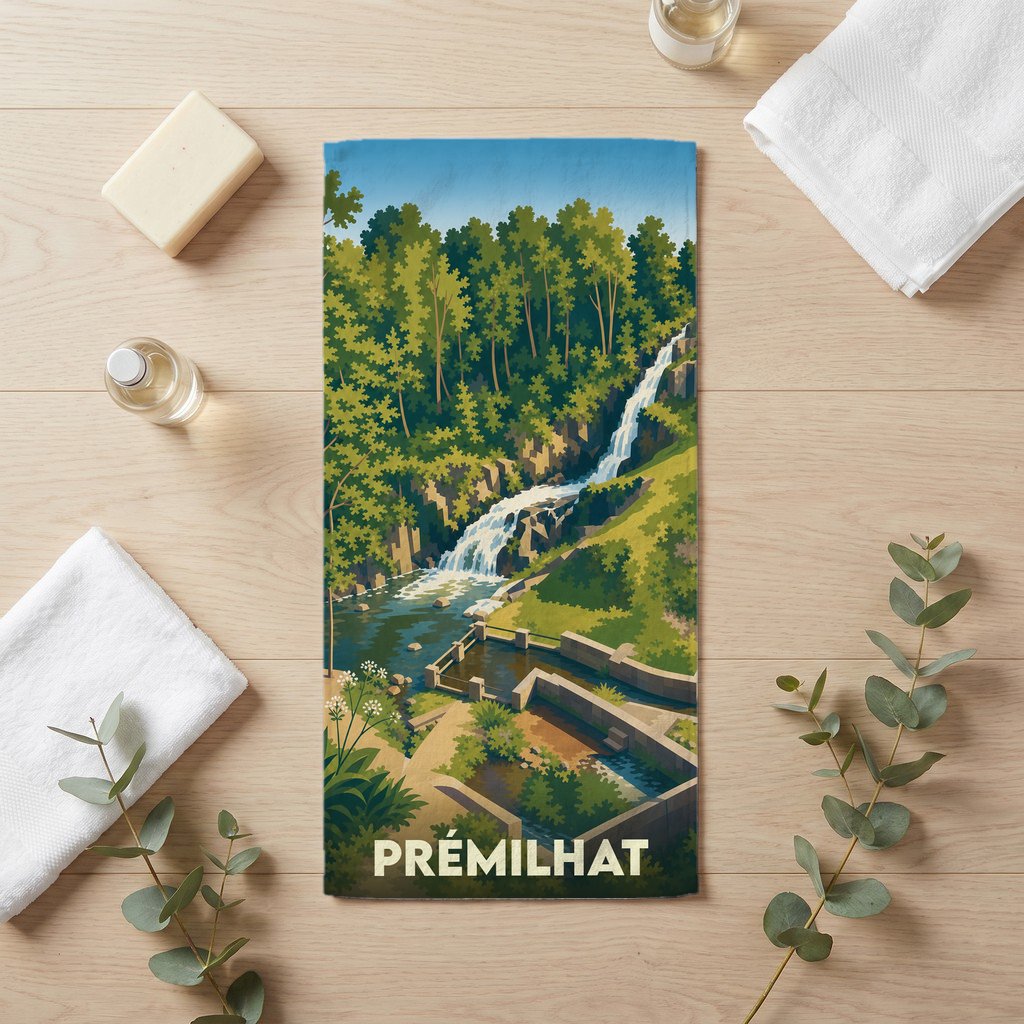 Serviette de bain souvenir de la ville de Prémilhat avec une illustration stylisée d'une cascade et d'un paysage naturel.