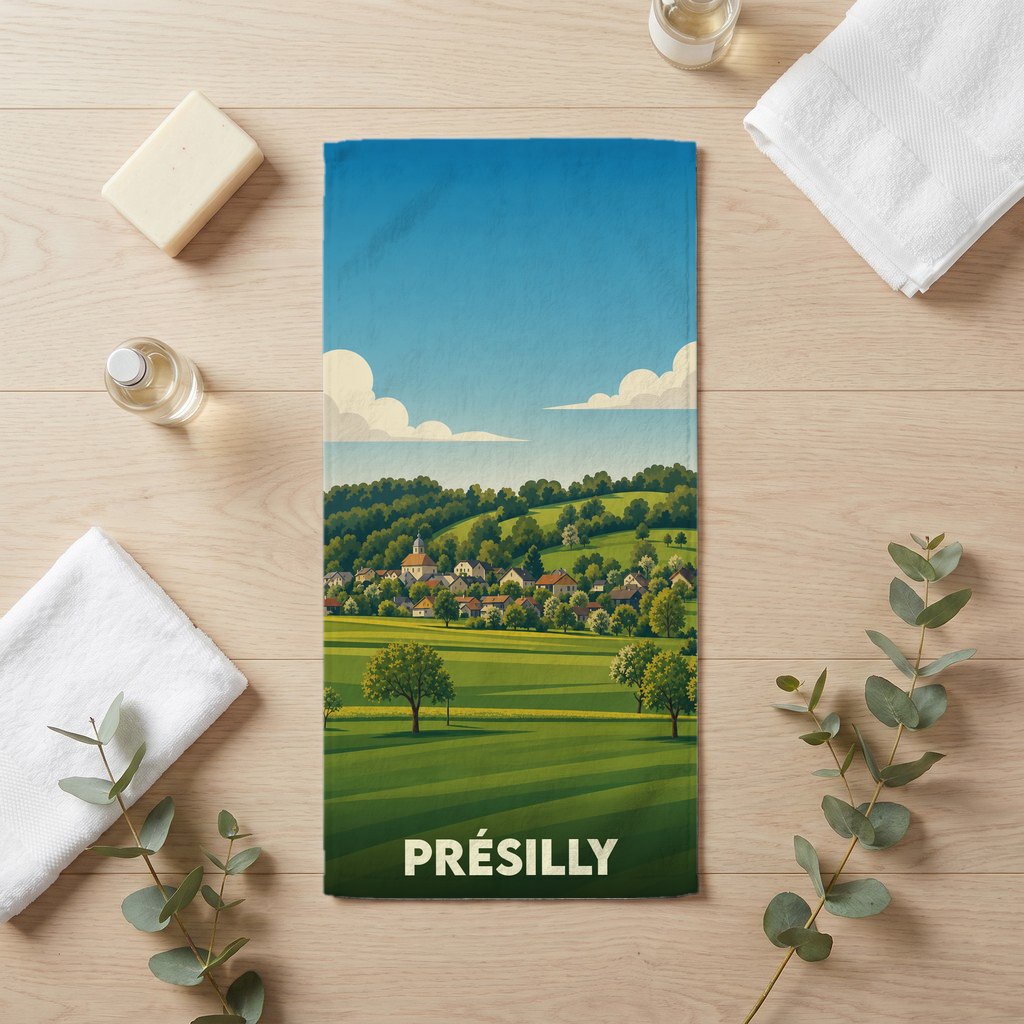 Serviette de bain souvenir de la ville de Présilly avec une illustration stylisée de paysage vallonné.